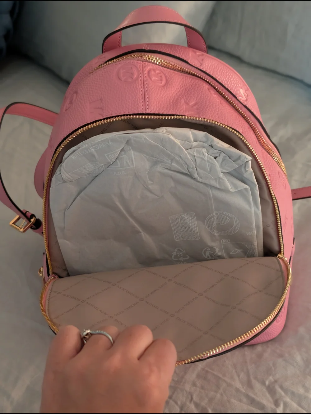 NWT Michael Kors Rhea Medium Zip Backpack in Carnation Pink Monogram